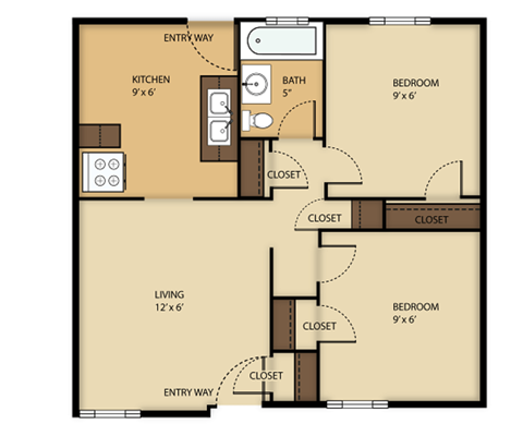 Floor plan for 2 beds, 1 bath, 663 sqft